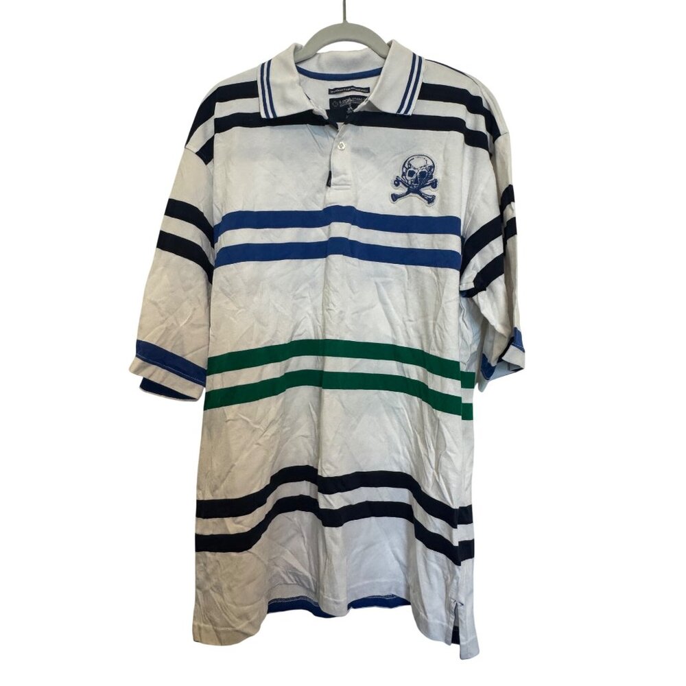 G-Unit Polo Shirt Mens XL Striped White Blue Green Skull Logo Short Sleeve